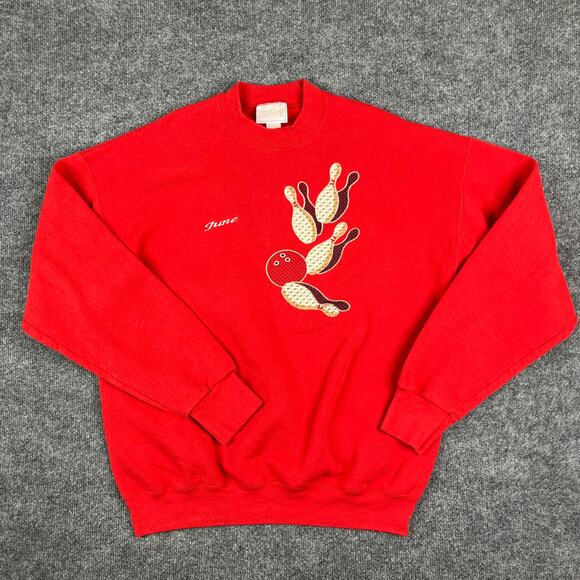Pegi Goff Sweatshirt Womens XL Red Bowling Pins Ball Graphic Crewneck Retro - Picture 2 of 8